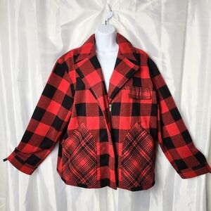 Woolrich Buffalo Check Melton Jacket Womens Sz L Red Black Plaid Barn Chore Coat